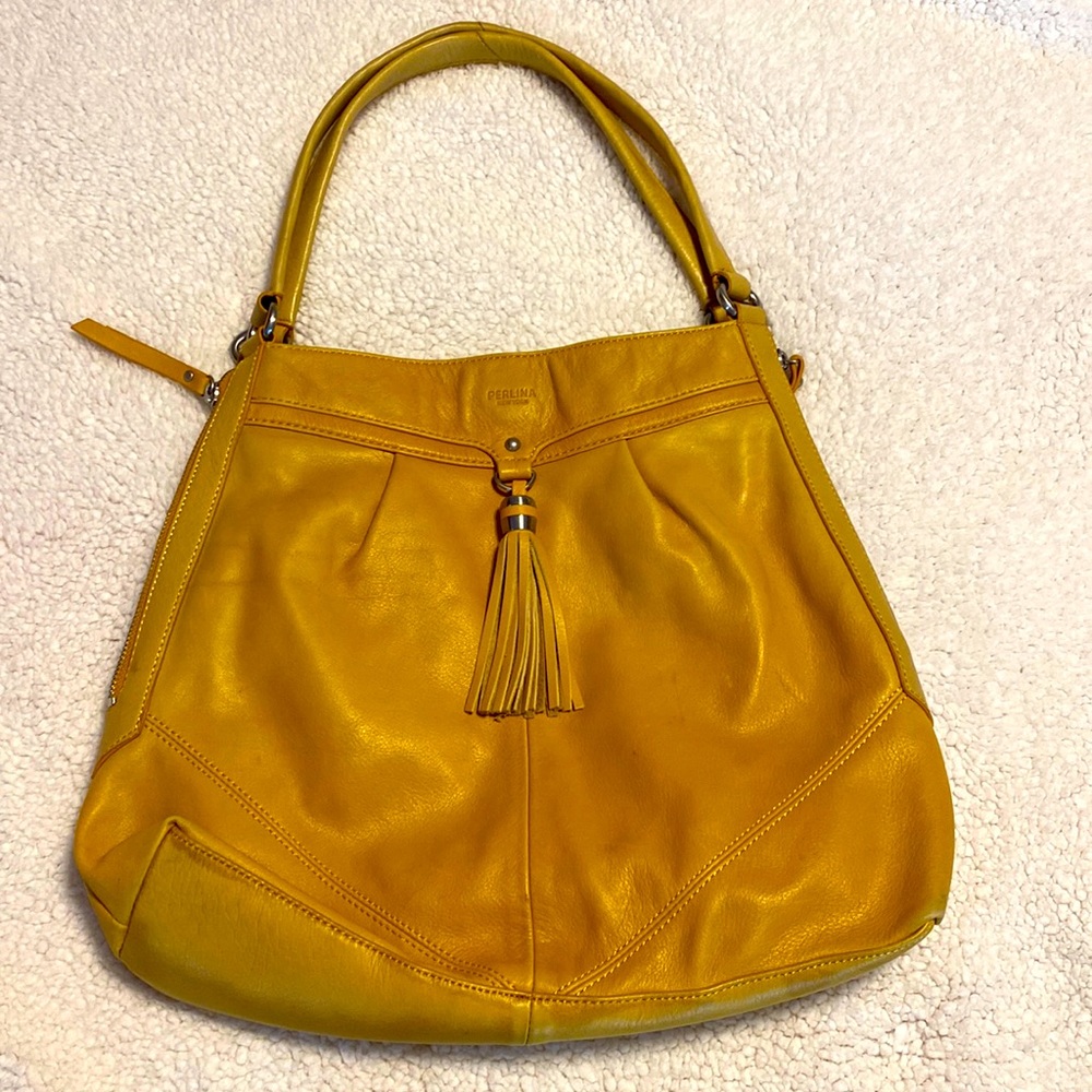Perlina Mustard Leather Tassel Shoulder Bag